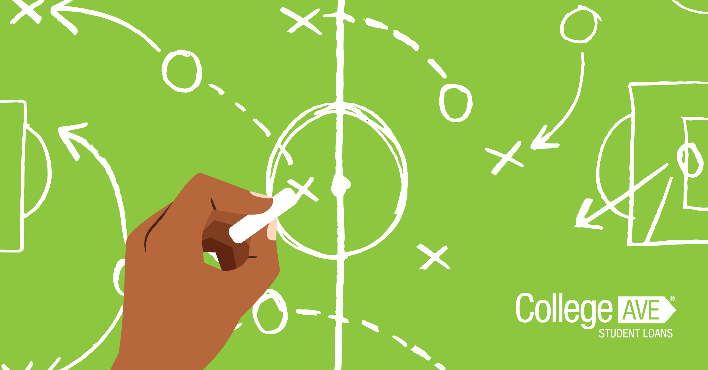 Chalkboard-style image of a hand drawing a strategy play with white lines and arrows, symbolizing winning financial strategies and student loan tips from College Ave Student Loans.