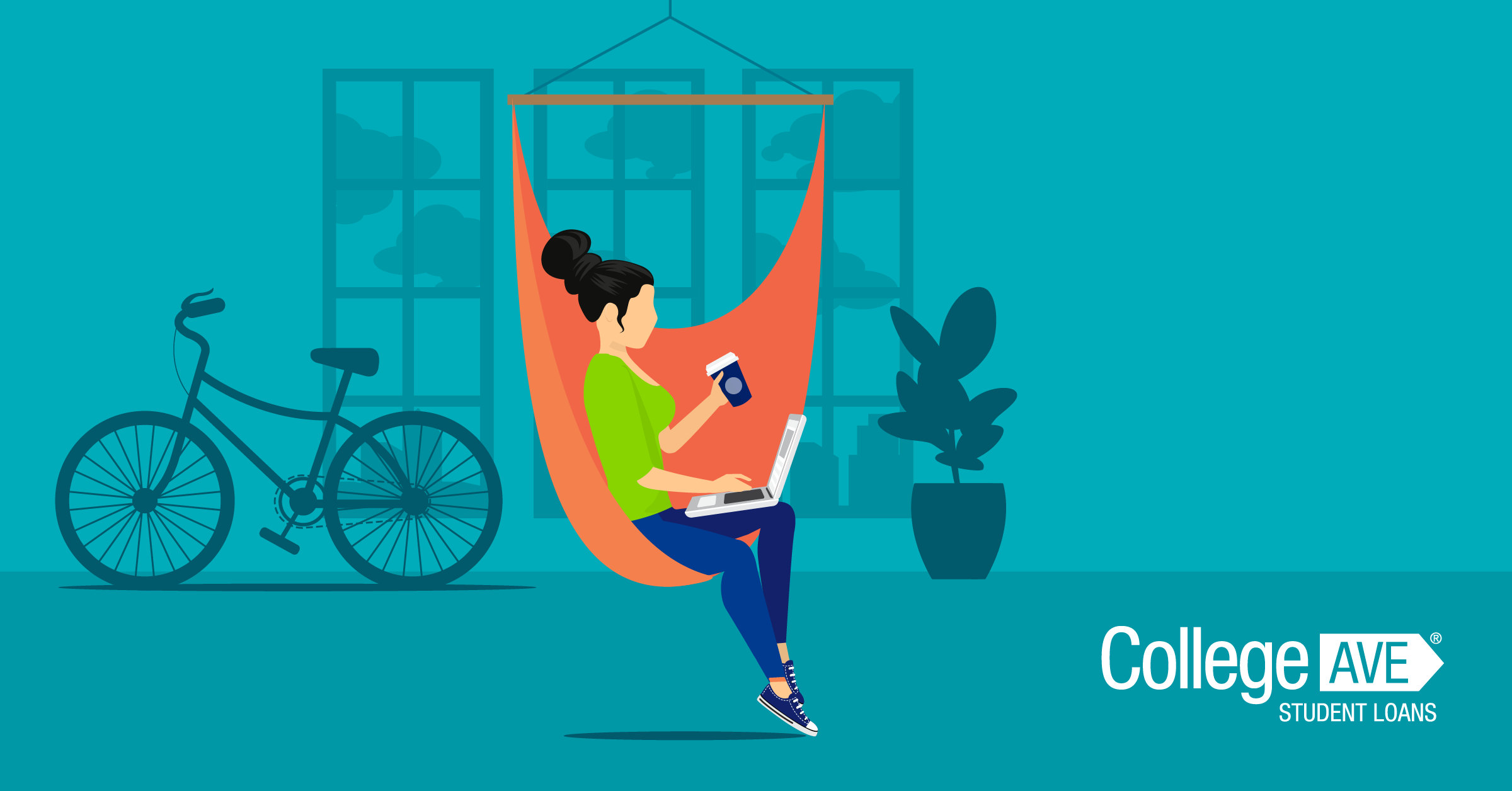 Image of a college student sitting in a hammock with a laptop searching for internship opportunities with guidance by College Ave Student Loans.
