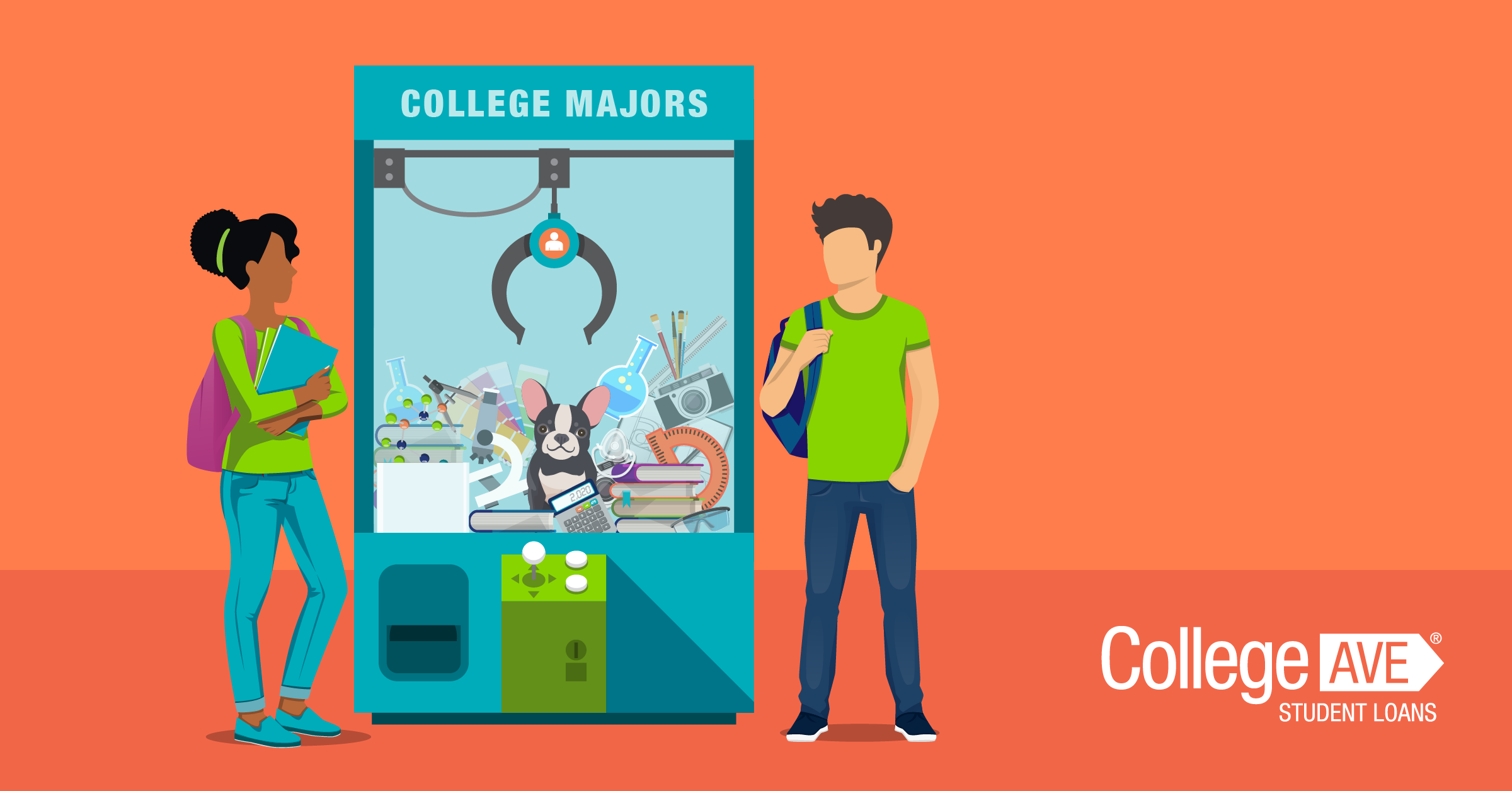 Image of two college students standing next to vending machine-style displays filled with icons representing different college majors, such as a calculator, hydro flask, and camera, with the text "College Major" — highlighting academic decision-making with guidance by College Ave Student Loans.