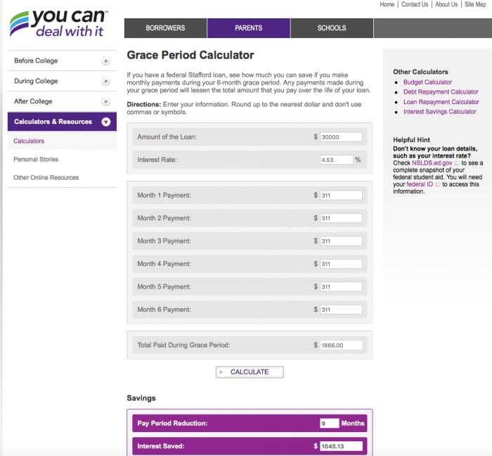 Grace period calculator screenshot