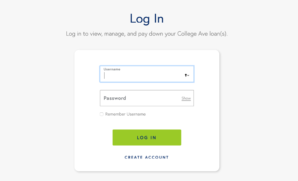 log in screen