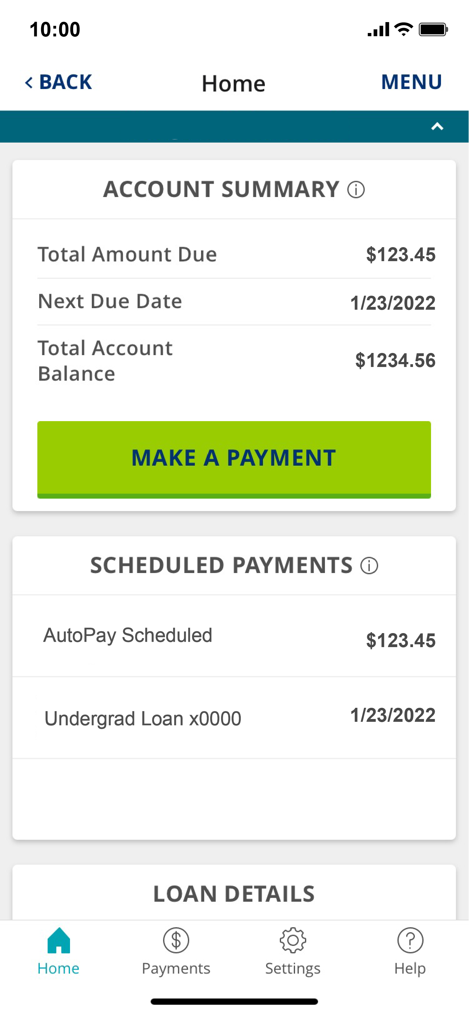 welcome screen with make a payment button