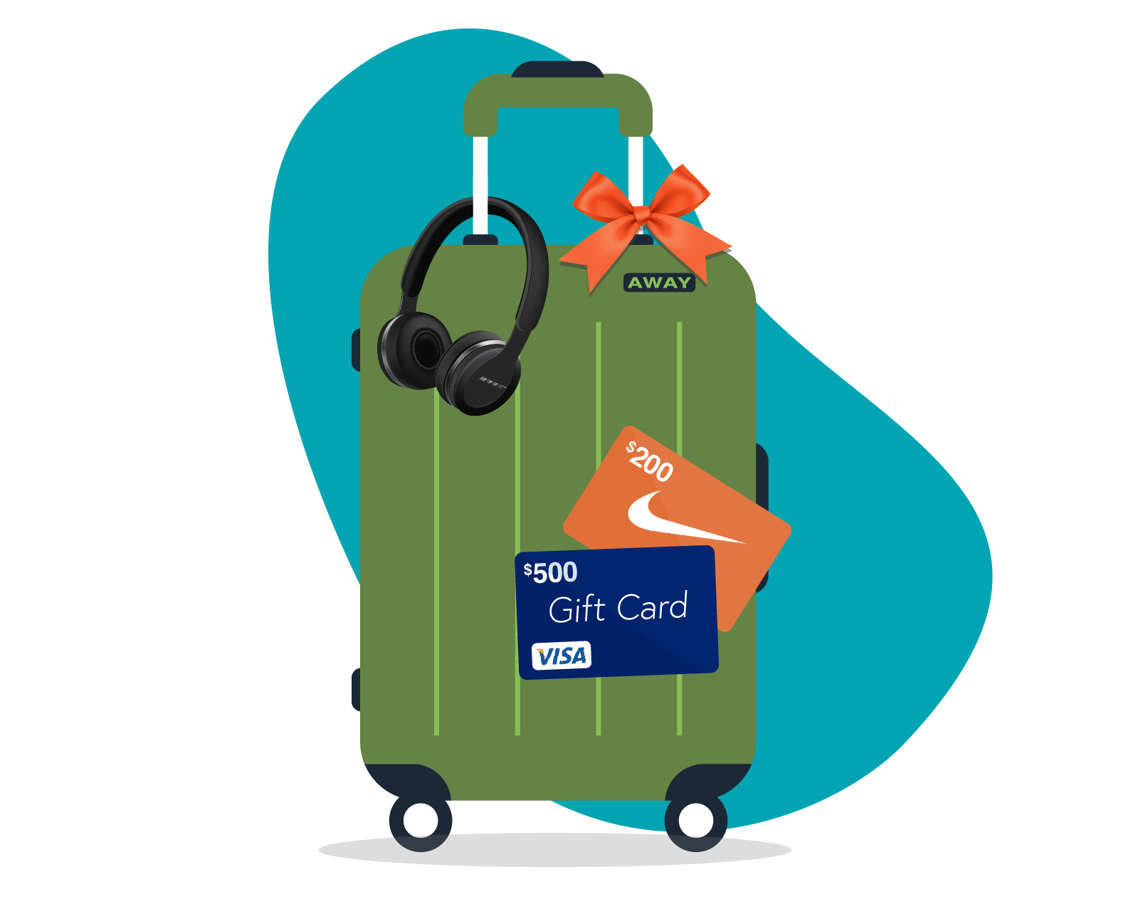 suitcase with headphones and gift cards
