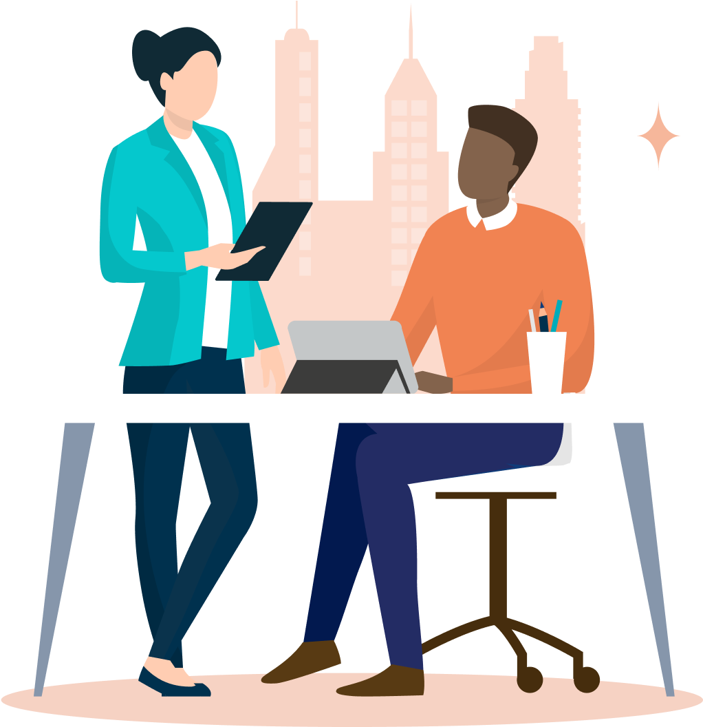 Image of two people at a desk discussing undergraduate and graduate career loan options with College Ave Student Loans.