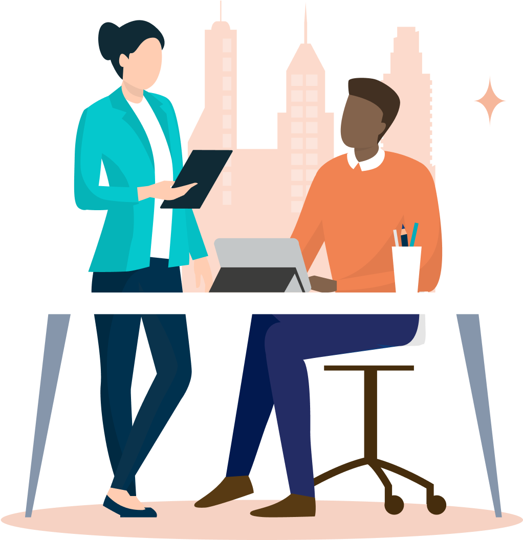 Image of two people at a desk discussing undergraduate and graduate career loan options with College Ave Student Loans.
