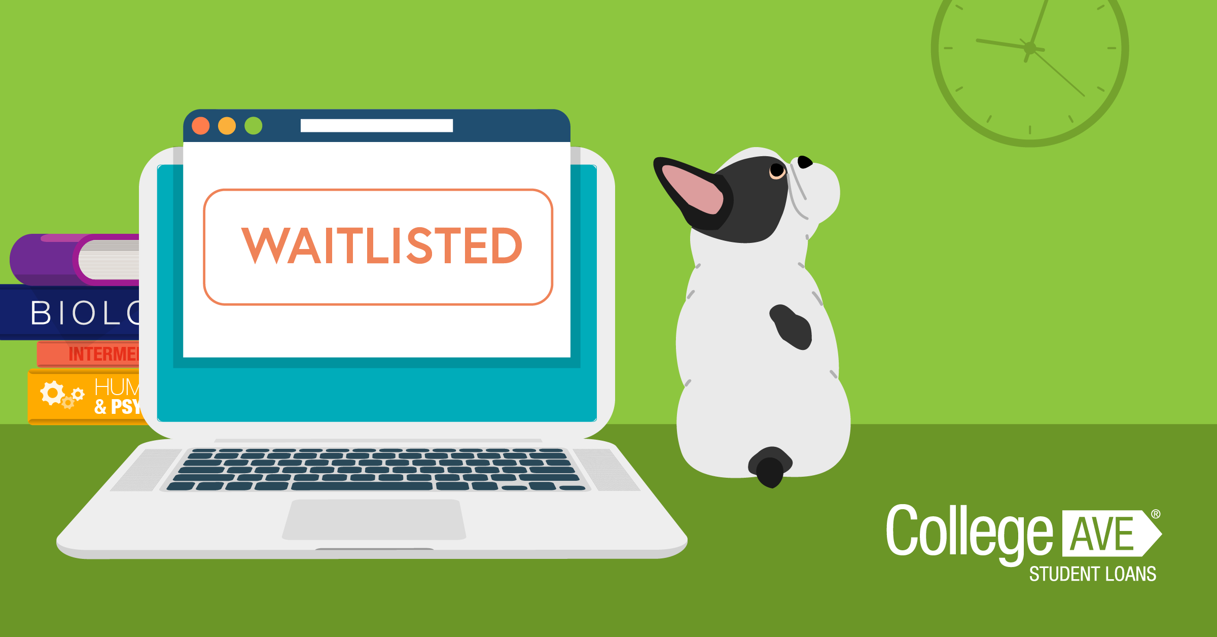 dog sitting next to computer with waitlisted on screen lg