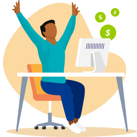 Hype student behind a desk saving money