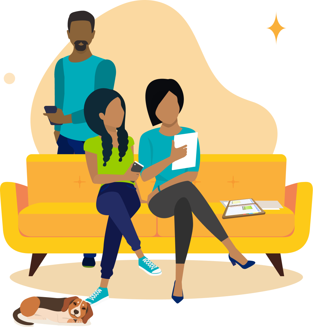 Image of a undergraduate student and their parents sitting on a couch reviewing their loan options with College Ave Student Loans.