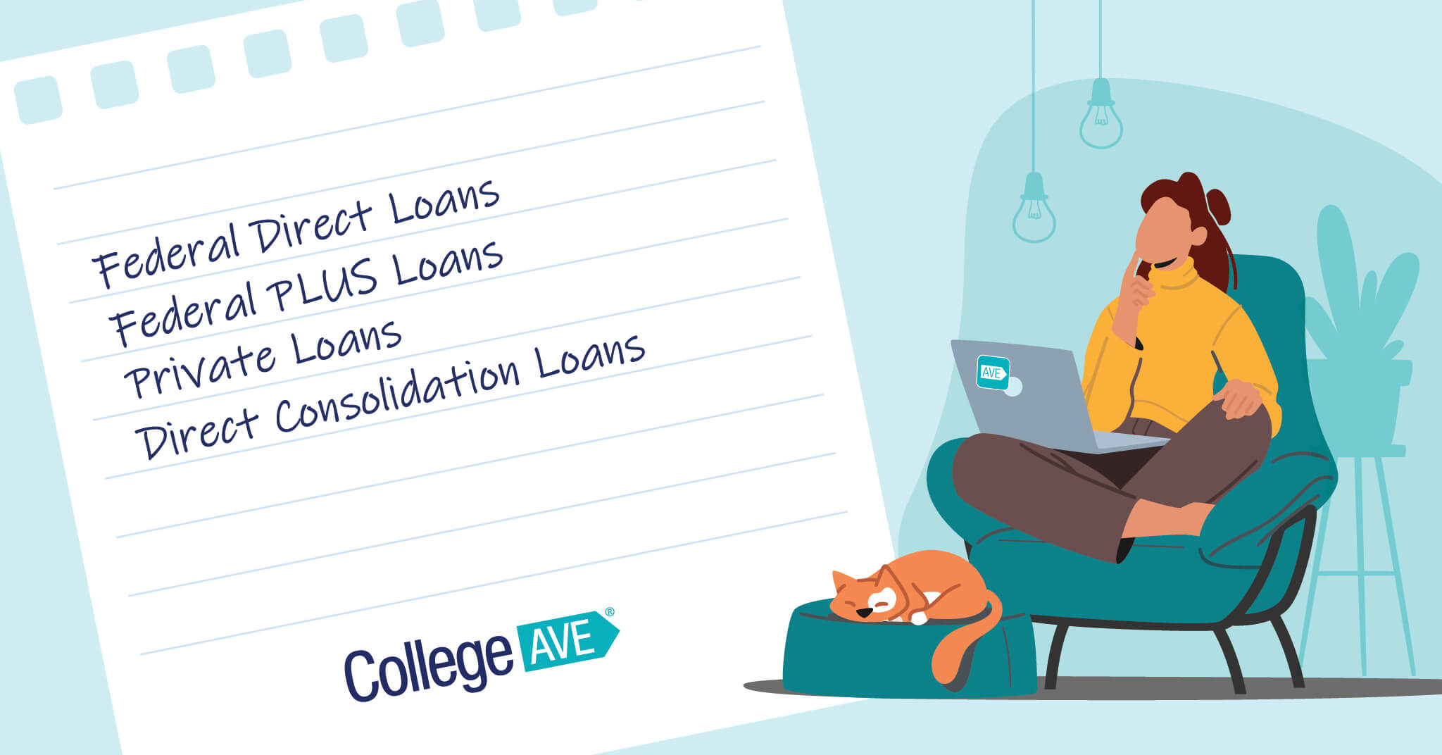 federal direct loans, federal plus loans, private loans, direct consolidation loans - college ave